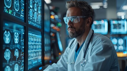 Poster - A doctor wearing safety glasses examines medical imaging data on multiple monitors.