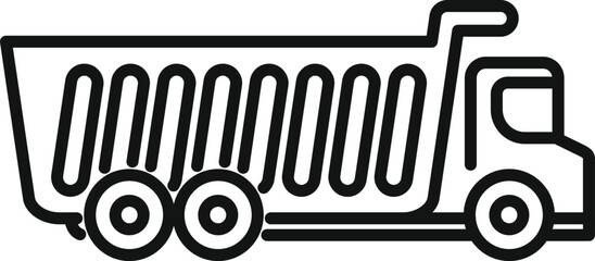 Poster - Simple black and white line art icon of a dump truck moving earth on a construction site