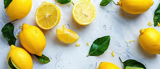 Leinwandbilder - Top view of whole and halved lemons with leaves on a white surface with a clear area suitable for a picture copy space image