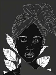 Poster - A black and white line art portrait of a woman wearing a headscarf, with leaves on either side of her face