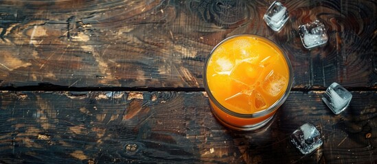 Poster - Top view of a cool glass of orange juice with ice on a dark wooden surface featuring ample space for additional elements in the image