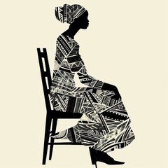 Poster - A woman wearing a patterned dress sits on a chair. The image is in black and white, with a textured background