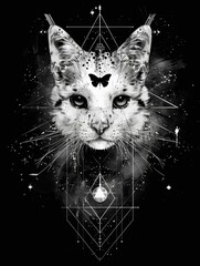 Poster - A black and white cat portrait with a butterfly on its forehead and geometric shapes surrounding it, all against a black background