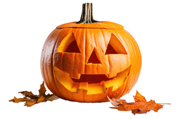 Halloween pumpkin and leaves on white background, transparent