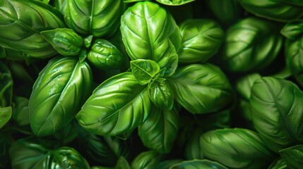 Wall Mural - Basil fragrant herb in Italian cuisine captured in vertical photo