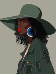 Wall Mural - A woman with dark curly hair wearing a wide-brimmed hat and a green jacket with a large blue earring