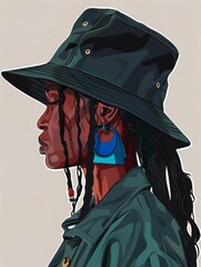 Wall Mural - A side profile of a woman with dark skin, wearing a green jacket, a black bucket hat, and large blue earrings