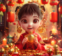 young Chinese woman exudes grace and charm in her traditional red costume, her joyful smile and positive aura illuminated by a sparkling gold coin background.