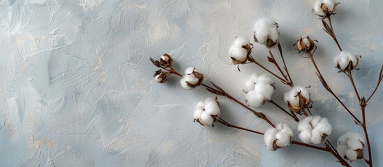 Poster - A cotton flower branch is showcased on a soft grey wall from above creating a mockup with copy space image for plant decor in the corner of photos