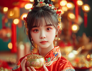 young Chinese woman exudes grace and charm in her traditional red costume, her joyful smile and positive aura illuminated by a sparkling gold coin background.