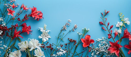 Aufkleber - Table with lovely flowers on a blue backdrop with a vacant section for text alongside a image. with copy space image. Place for adding text or design