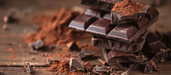 Fototapete - Selective focus on dark chocolate cocoa solids and cocoa powder on a wooden background with a clear copy space image