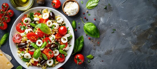 Aufkleber - Italian dish featuring pasta salad with mozzarella olives and tomatoes displayed as a picturesque Italian food backdrop with copy space image