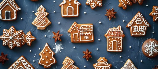 Aufkleber - Top view of a Christmas cookie village laid out on a dark blue background in a festive Christmas scene featuring gingerbread houses with ample copy space image