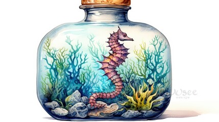 Wall Mural - beautiful ocean scene inside of glass bottle with seahorse and starfish