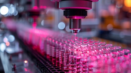 Poster - a robotic arm precisely dispenses liquid into a row of test tubes on a conveyor belt in a manufactur