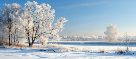 Poster - In the chilly northern winter a blanket of white snow and frost envelops everything creating a serene landscape with a captivating copy space image