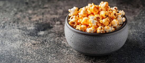 Aufkleber - Low angle view of a gray bowl filled with homemade caramel popcorn perfect for adding text with copy space image