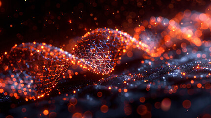 Poster - Abstract digital art with glowing red and blue particles forming a helix shape on a black background with copy space text for technology, science, and futuristic design.