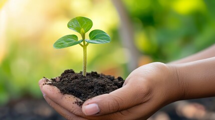 Wall Mural - A person is holding a small plant in their hand. The plant is a seedling and is growing in a pot. The person is holding the plant with care and attention, which suggests that they are nurturing it