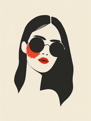 Poster - A close-up illustration of a woman wearing round sunglasses and red lipstick. Her hair is black and long, and she is looking off to the side