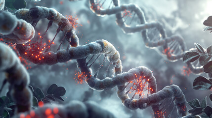 Poster - Close-up of DNA strands with illuminated sections and glowing particles in a misty environment, representing genetic science and molecular biology.