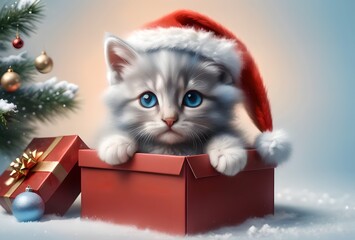 Poster - Cute kitten in a New Year's holiday hat in the snow, isolated on a blue background. New Year card