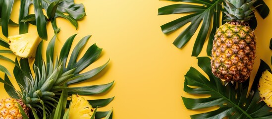 Leinwandbilder - A lovely pineapple on vibrant pastel yellow backdrop with tropical leaves top view flat lay for a summer themed copy space image