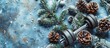 © vxnaghiyev - A mix of heavy fitness equipment like dumbbells and barbells blended with winter holiday elements like Christmas tree branches The image conveys a healthy lifestyle during the holiday season with a g