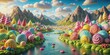 © wasan - Sweet sugary landscape with candy mountains and river flowing with chewing gum and lollipop banks, river, wonderland, sugary, mountains, sweet