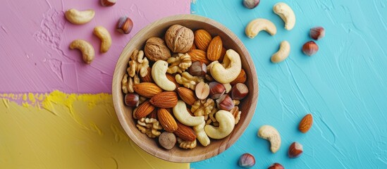 Aufkleber - An array of nuts displayed in a wooden bowl on a colorful table featuring cashews hazelnuts walnuts and almonds from a top down perspective with room for text or images alongside
