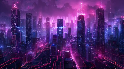 Futuristic Smart Cyber City illustration: Innovative Urban Landscape in Digital Circuitry, futuristic technology concept, Graphic Resources, Wallpapers, Brochure, Websites, banner design, Advertising,