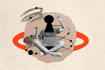 Poster - Creative collage picture young headless man padlock laptop computer digital device virtual access restriction padlock drawing background