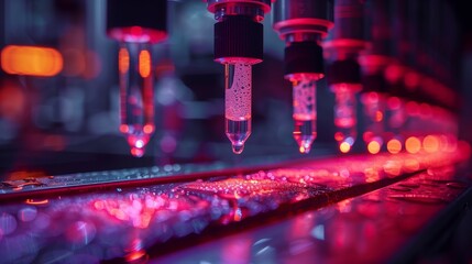 Poster - A close-up image of laboratory equipment used for synthetic biology research, illuminated by red light.