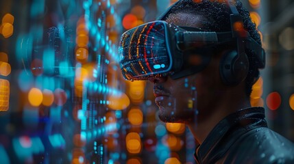 Poster - a person wearing a vr headset, standing in front of a glowing screen, experiences a virtual reality 