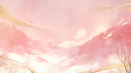 Poster - Watercolor painting of a pink sky with white birds flying over a snowy landscape with copy space text for nature, winter, and fantasy design.