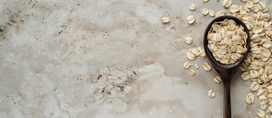 Poster - Top down view of oats flakes on a spoon on a table with copy space image
