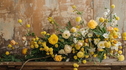 Wall Mural - Elegant ranunculus and mimosa blooms on rustic backdrop