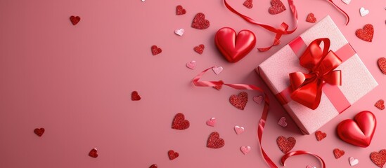 Poster - Celebratory design featuring red paper hearts a gift box and a pastel pink backdrop for occasions like Valentine s Day or Mother s Day Top down view with space for copy