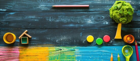 Poster - White wooden background with a chalkboard and a variety of magnets a pencil paintbrush and colorful elements like a tree and house ideal for event planning with copy space image