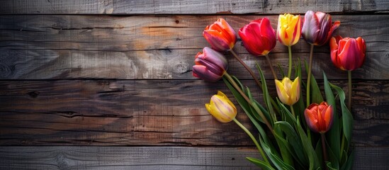 Poster - Tulip bouquet displayed on a wooden backdrop with a copy space image