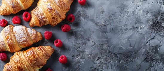 Aufkleber - French pastries such as croissants with cream cheese and raspberry signify a healthy dessert concept shown on a stone background from above with available copy space image