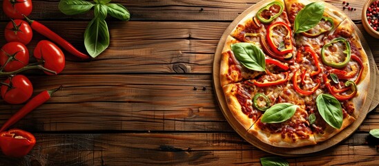 Poster - Pizza with peppers is displayed on a wooden table with copy space image