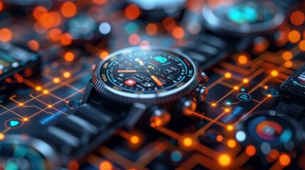 Poster - A close-up image of a modern smartwatch, featuring a digital display and a silver bezel, positioned on a circuit board with glowing orange and blue lights.