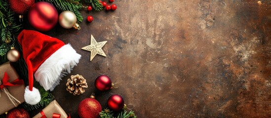 Poster - Top down view of a Christmas arrangement featuring a Santa hat gift bauble star on a background with space for text suitable for a flat lay image. with copy space image