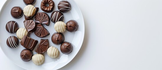 Aufkleber - Plate with chocolate candies isolated on a white background providing ample copy space image