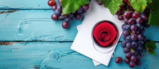 Poster - A colorful image capturing a glass of red wine grapes and paper on a turquoise wooden background ideal for a tasting invitation with available space for text. with copy space image