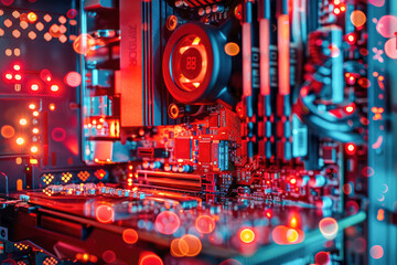 Poster - A close-up view of a computer motherboard with red LED lighting, showcasing the intricate and detailed electronic components and circuit design.