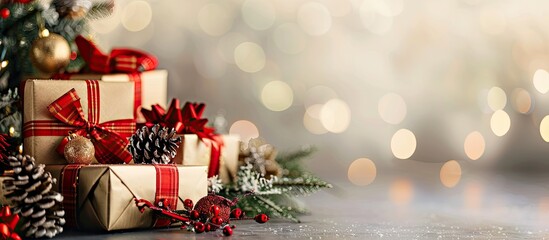 Poster - Festive Christmas gifts displayed on a table with a light wall background providing a stunning copy space image