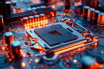 Poster - Close-up shot of a central processing unit (CPU) with glowing elements, mounted on a detailed motherboard circuit.